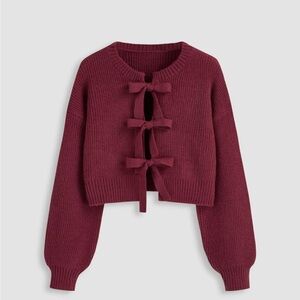 Burgundy Tie Front Bow Cardigan Small